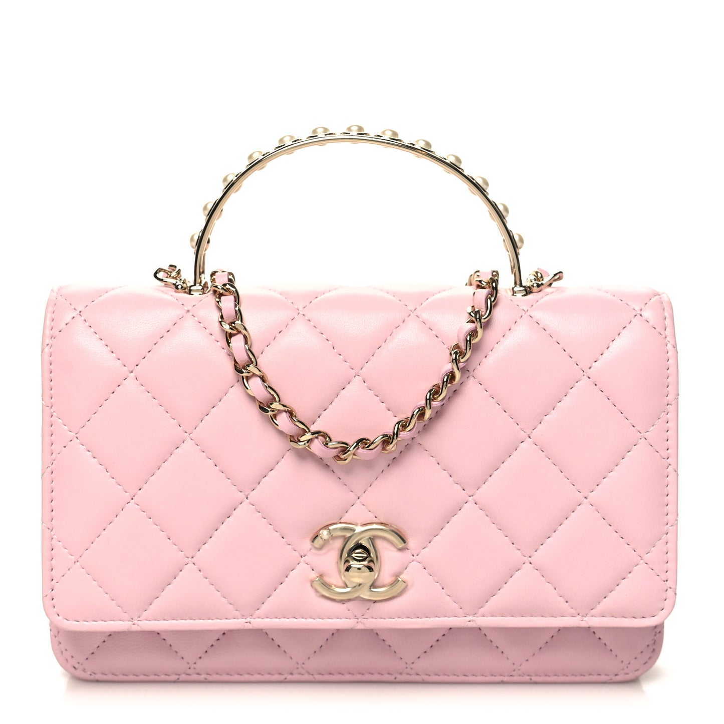 Lambskin Quilted Pearl Top Handle Wallet On Chain WOC Light Pink