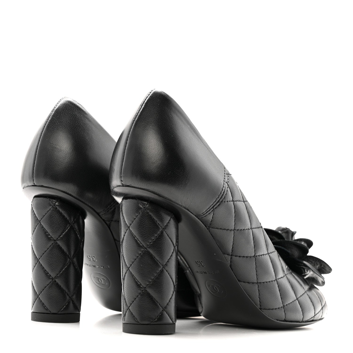 Chanel Lambskin Quilted Camellia Pumps 35 Black 9 of 18