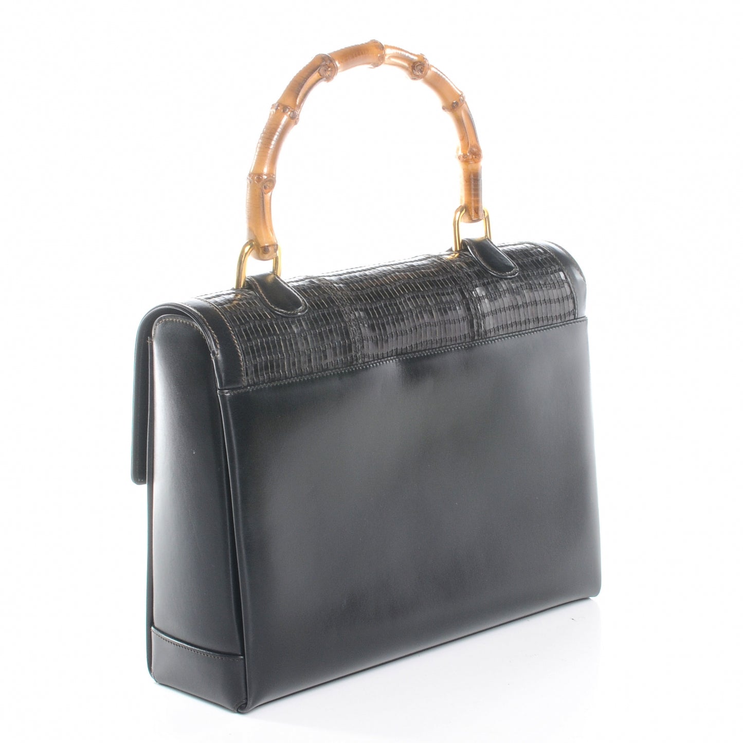 Woven Leather Bamboo Top Handle Bag Black