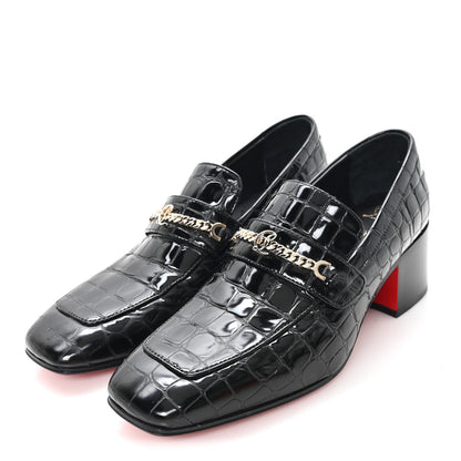 Christian Louboutin Soft Calfskin Alligator Embossed MJ Moc Heeled Loafers 37.5 Black 4 of 9