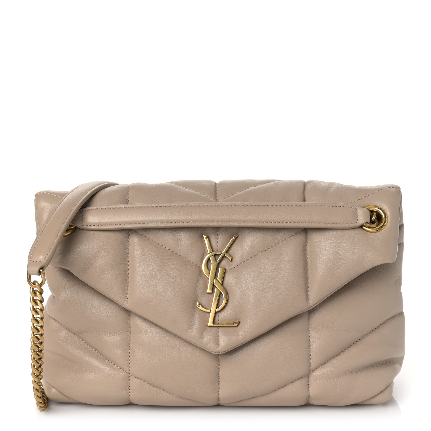 Saint Laurent Lambskin Quilted Small Loulou Puffer Monogram Chain Satchel Dark Beige 1 of 9