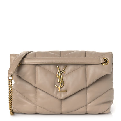 Saint Laurent Lambskin Quilted Small Loulou Puffer Monogram Chain Satchel Dark Beige 1 of 9
