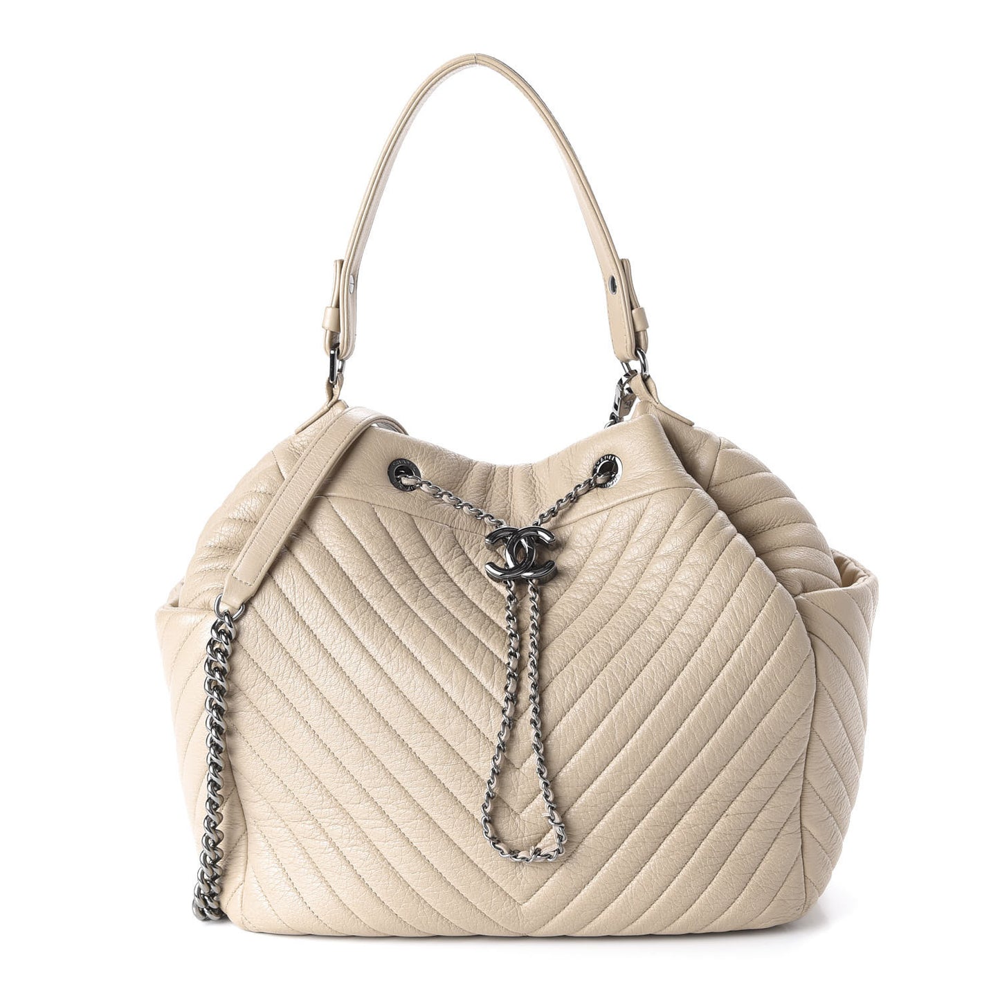 Deerskin Chevron Large CC Chain Bucket Drawstring Bag Beige