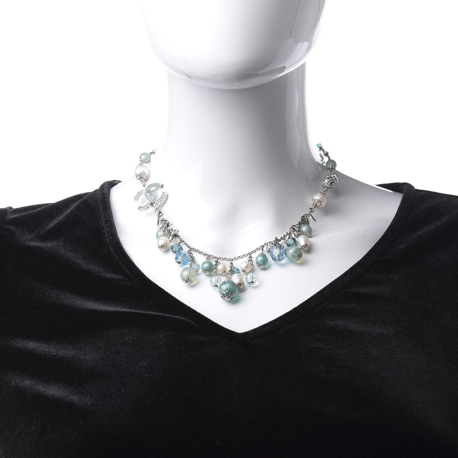 Chanel Pearl Crystal CC Beaded Short Necklace Silver Blue 2 of 5