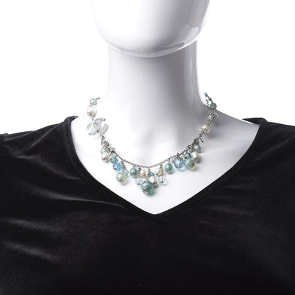Chanel Pearl Crystal CC Beaded Short Necklace Silver Blue 2 of 5