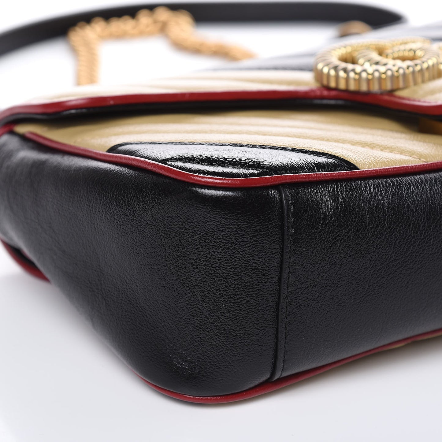 Vintage Effect Calfskin Matelasse Diagonal Striped Small Torchon GG Marmont Shoulder Bag Black Beige