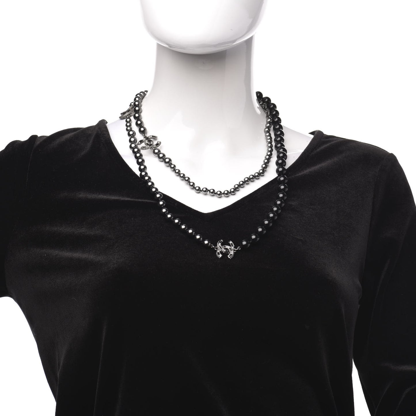 Ruthenium Crystal Baguette Pearl Beaded CC Long Necklace Black Grey