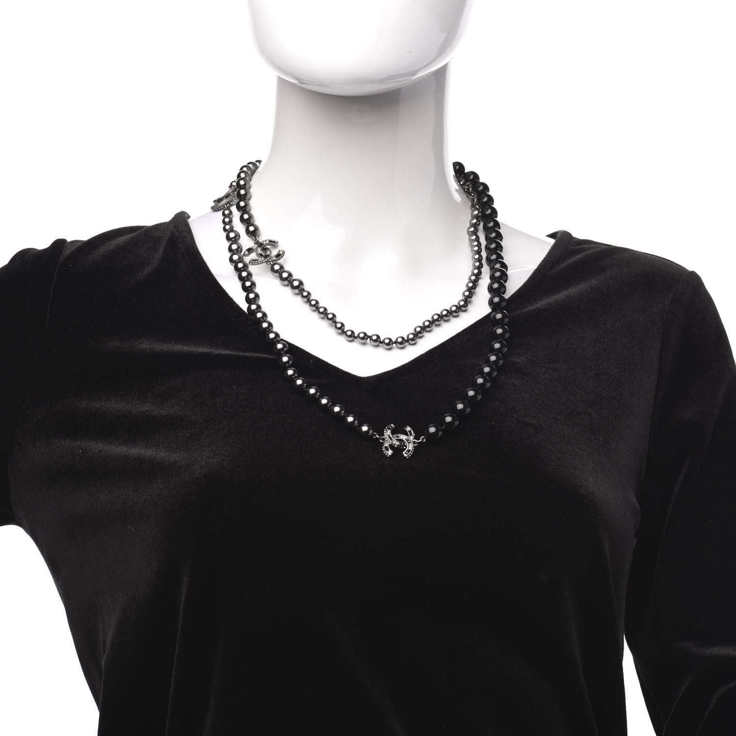 Chanel Ruthenium Crystal Baguette Pearl Beaded CC Long Necklace Black Grey 2 of 5