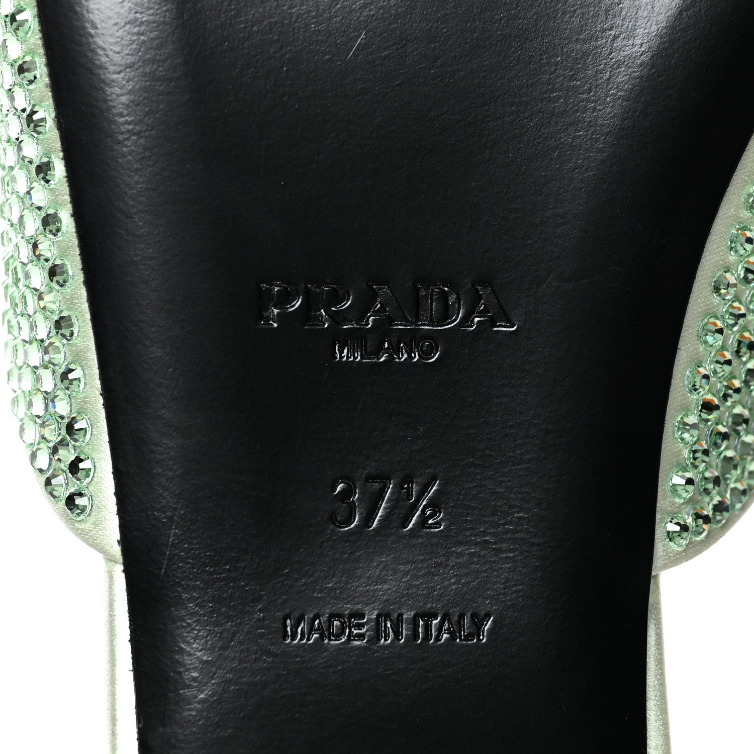 Prada Satin Crystal Logo 10mm Slide Sandals 37.5 Acqua 6 of 7