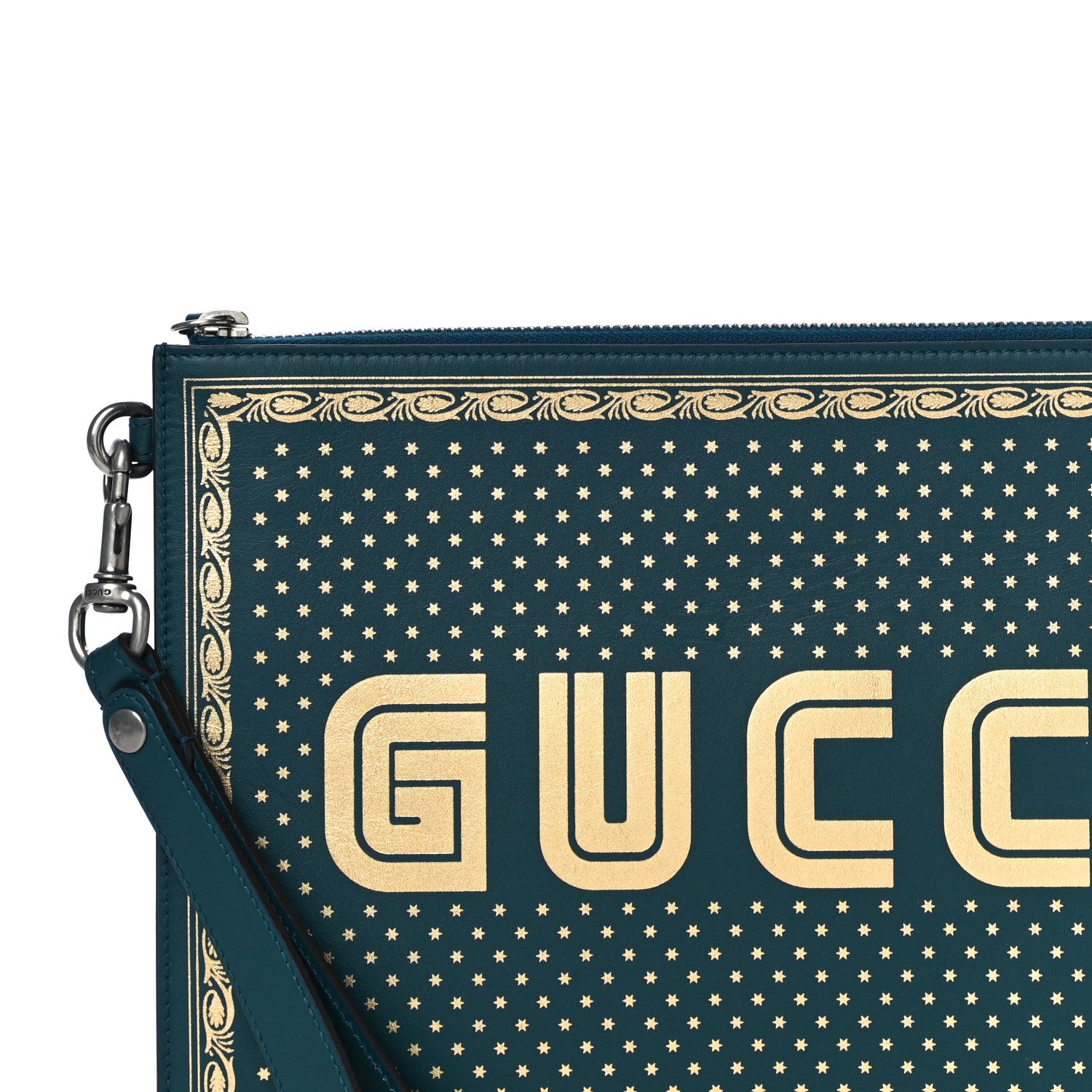 Gucci X SEGA Calfskin GUCCY Stars Zip Wristlet Pouch Dusty Turquoise Gold 8 of 12