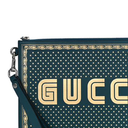 Gucci X SEGA Calfskin GUCCY Stars Zip Wristlet Pouch Dusty Turquoise Gold 8 of 12