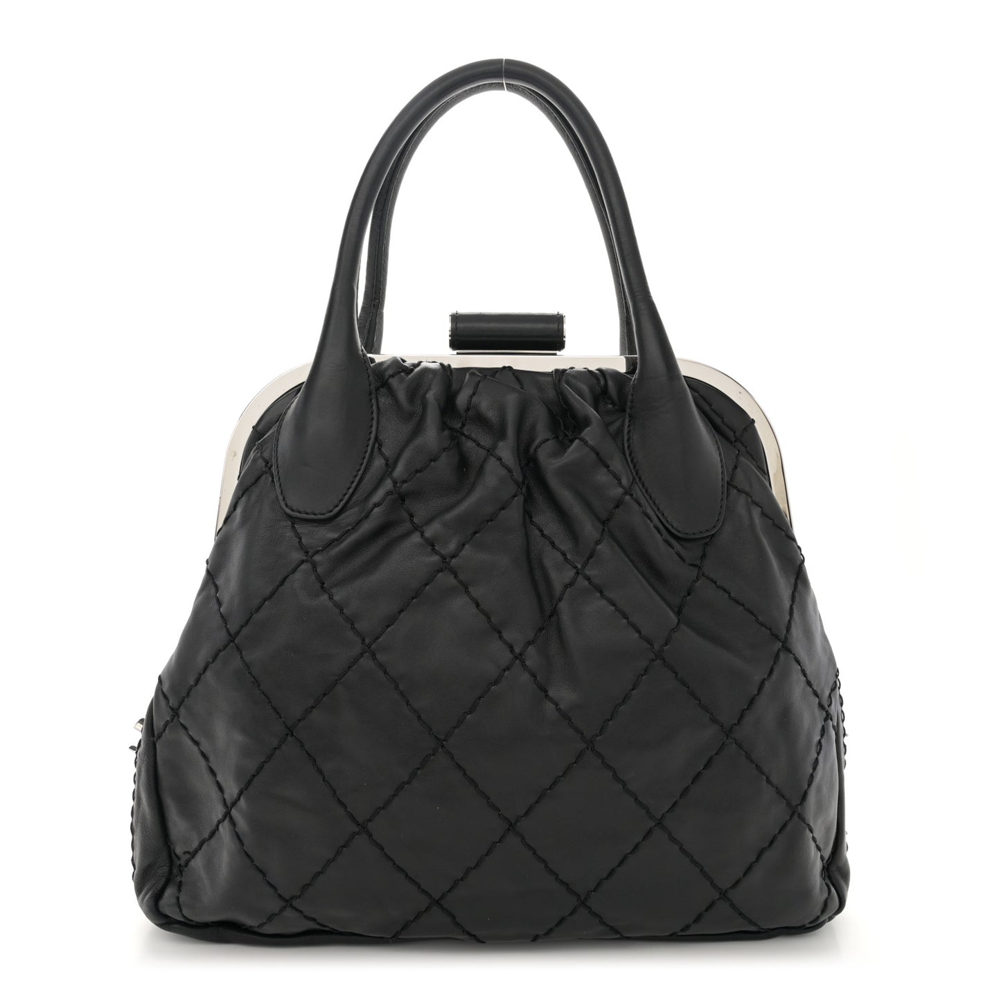 Calfskin Stitched Expandable Frame Bag Black