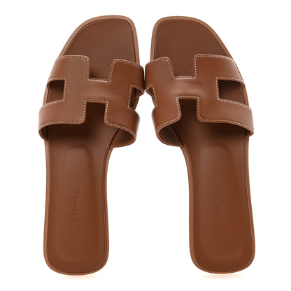 Hermes Box Calfskin Oran Sandals 37.5 Gold 2 of 9