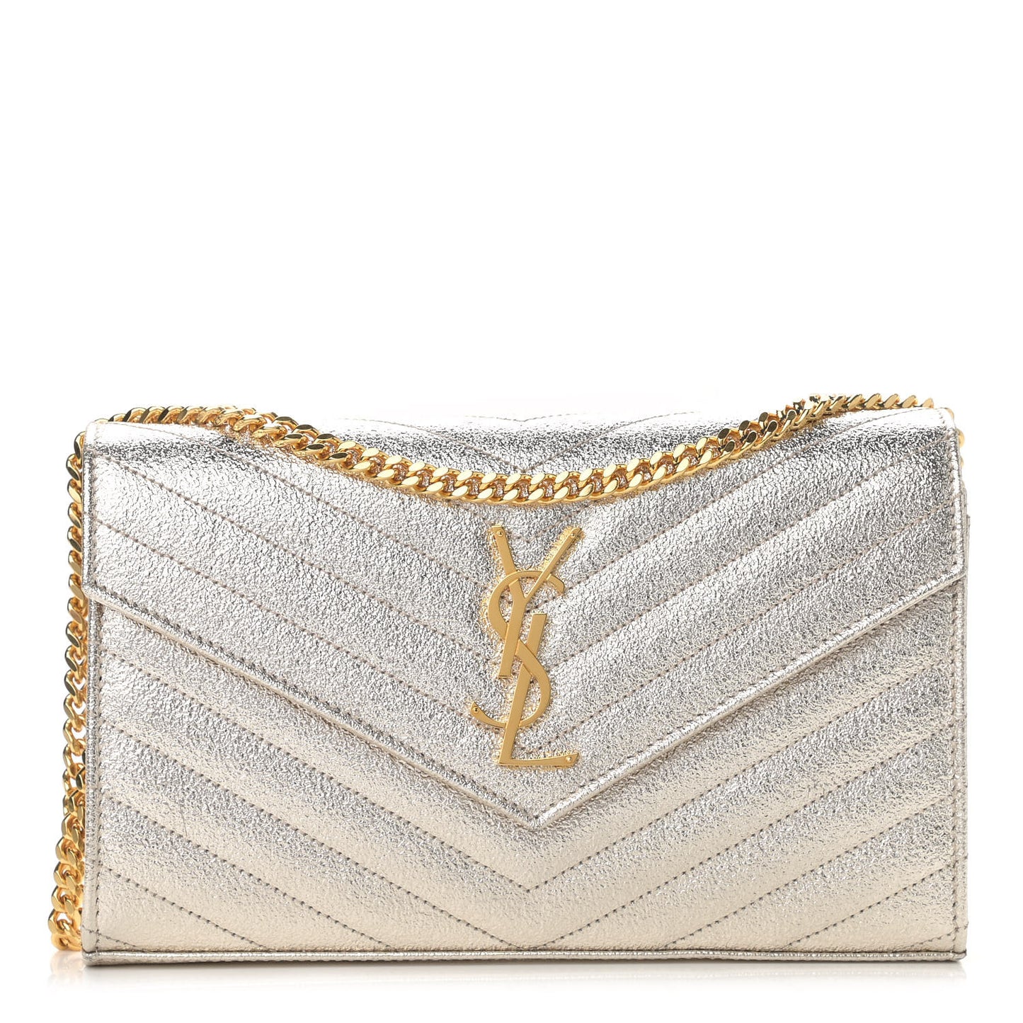 Metallic Grain De Poudre Matelasse Chevron Monogram Chain Wallet Gold
