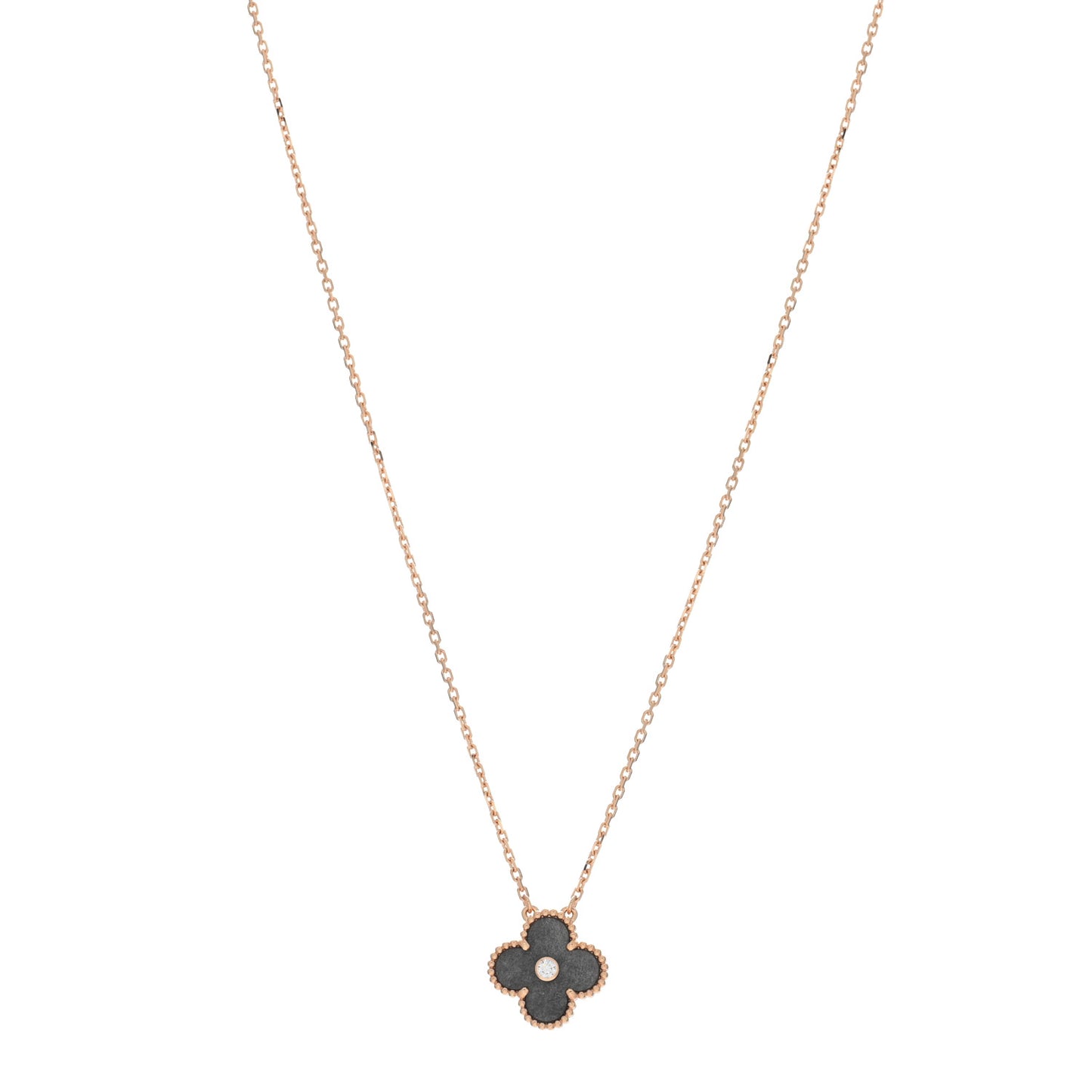 18K Rose Gold Diamond Silver Obsidian Vintage Alhambra Pendant Necklace
