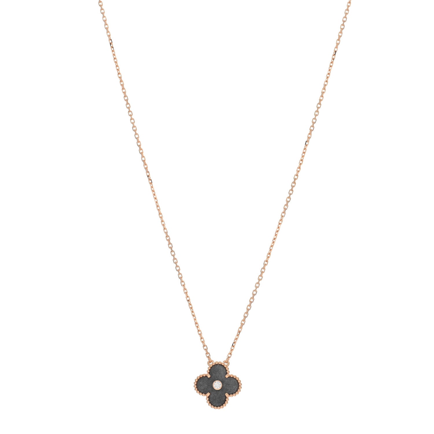 Van Cleef & Arpels 18K Rose Gold Diamond Silver Obsidian Vintage Alhambra Pendant Necklace 1 of 4