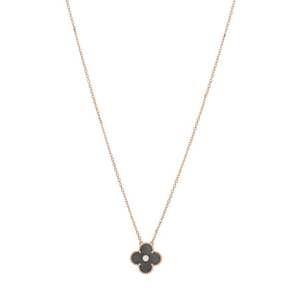 Van Cleef & Arpels 18K Rose Gold Diamond Silver Obsidian Vintage Alhambra Pendant Necklace 1 of 4
