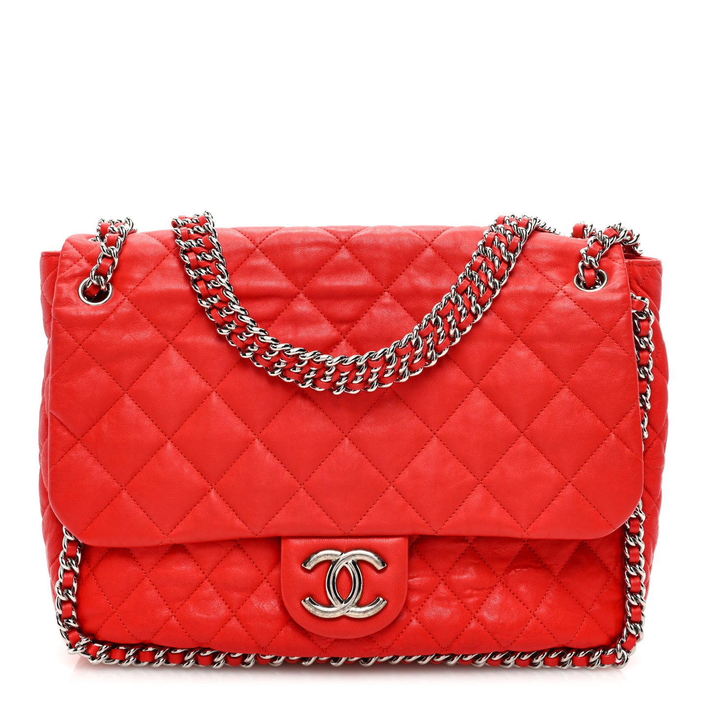Washed Lambskin Quilted Maxi Chain Around Flap Red