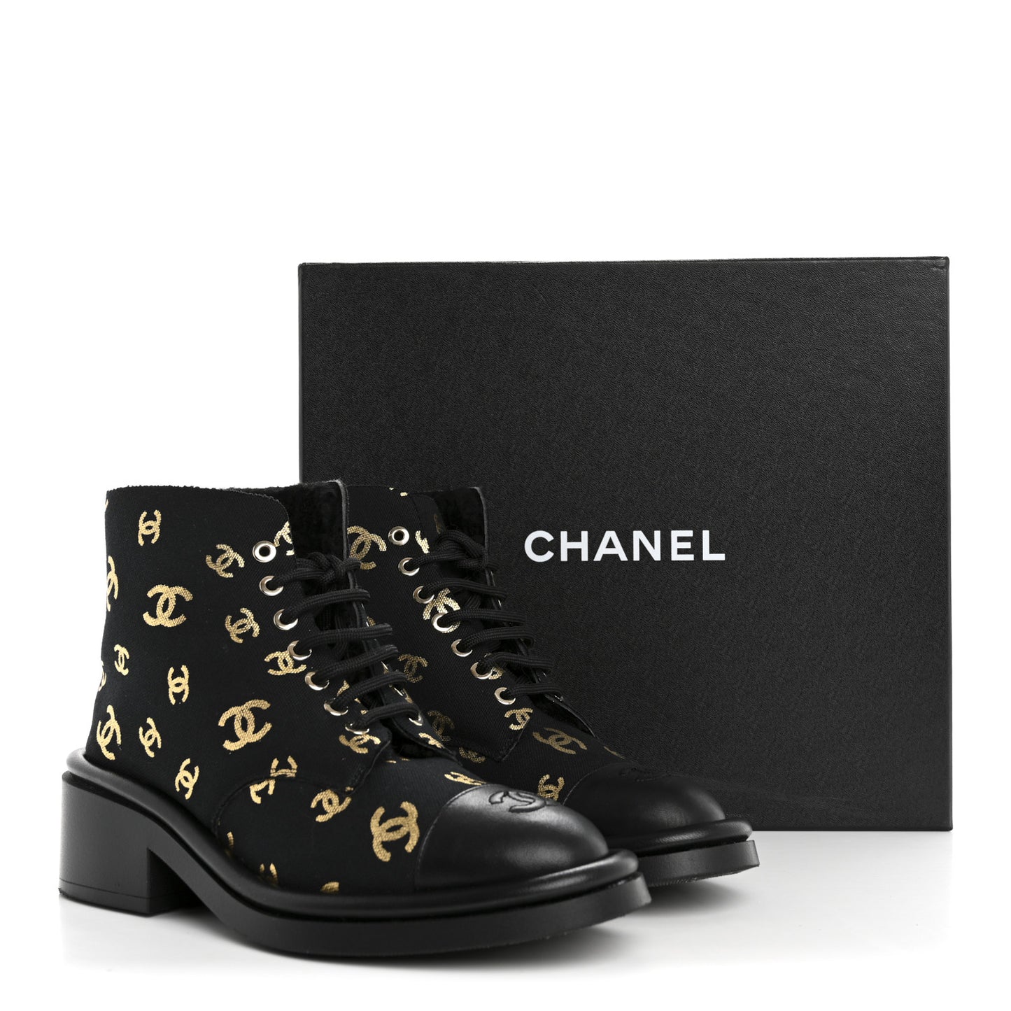 Lambskin Shearling Canvas CC Lace Up Boots 38.5 Black Gold