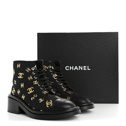 Chanel Lambskin Shearling Canvas CC Lace Up Boots 38.5 Black Gold 10 of 10