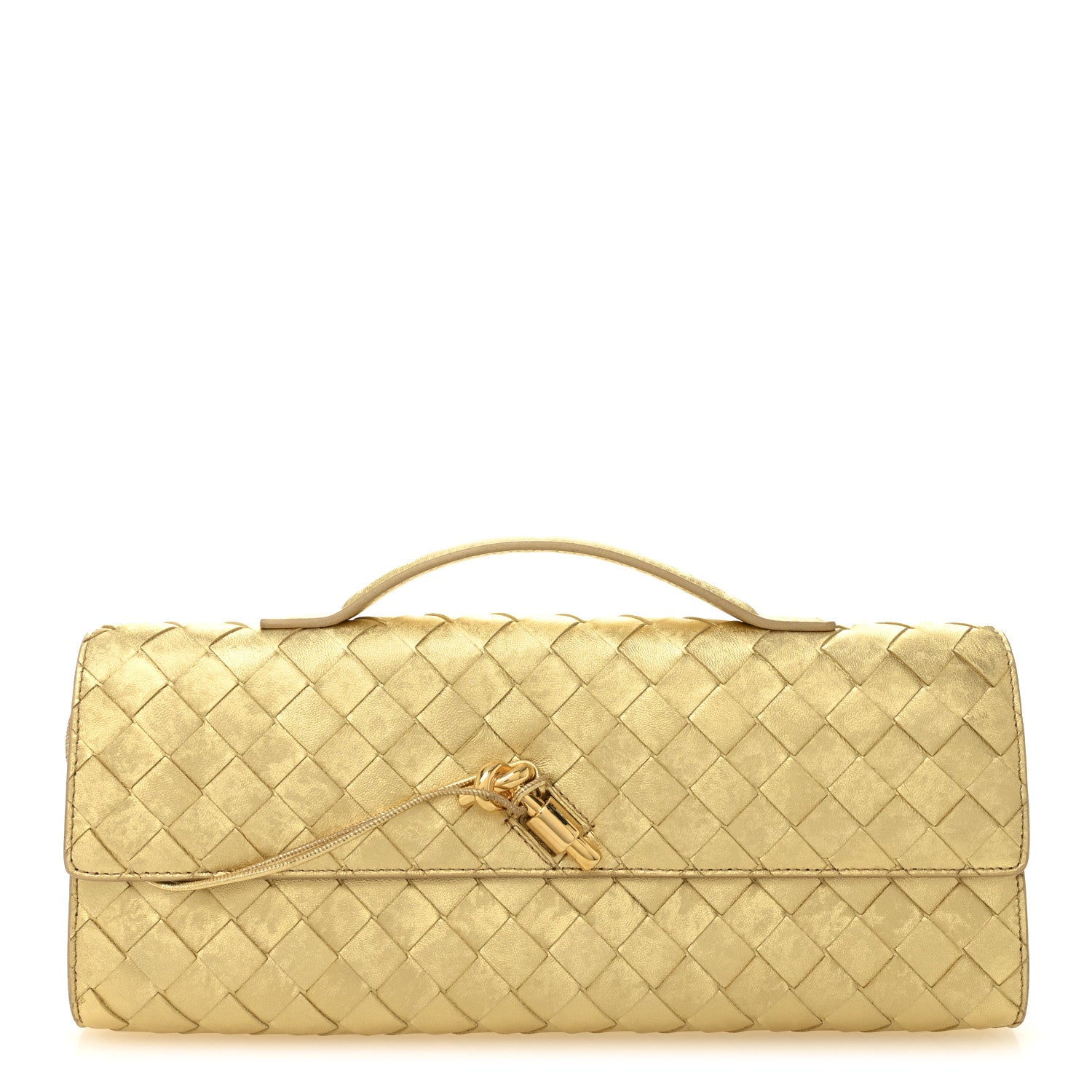 Bottega Veneta Metallic Satin Lambskin Intrecciato Long Andiamo Top Handle Clutch Gold 1 of 7
