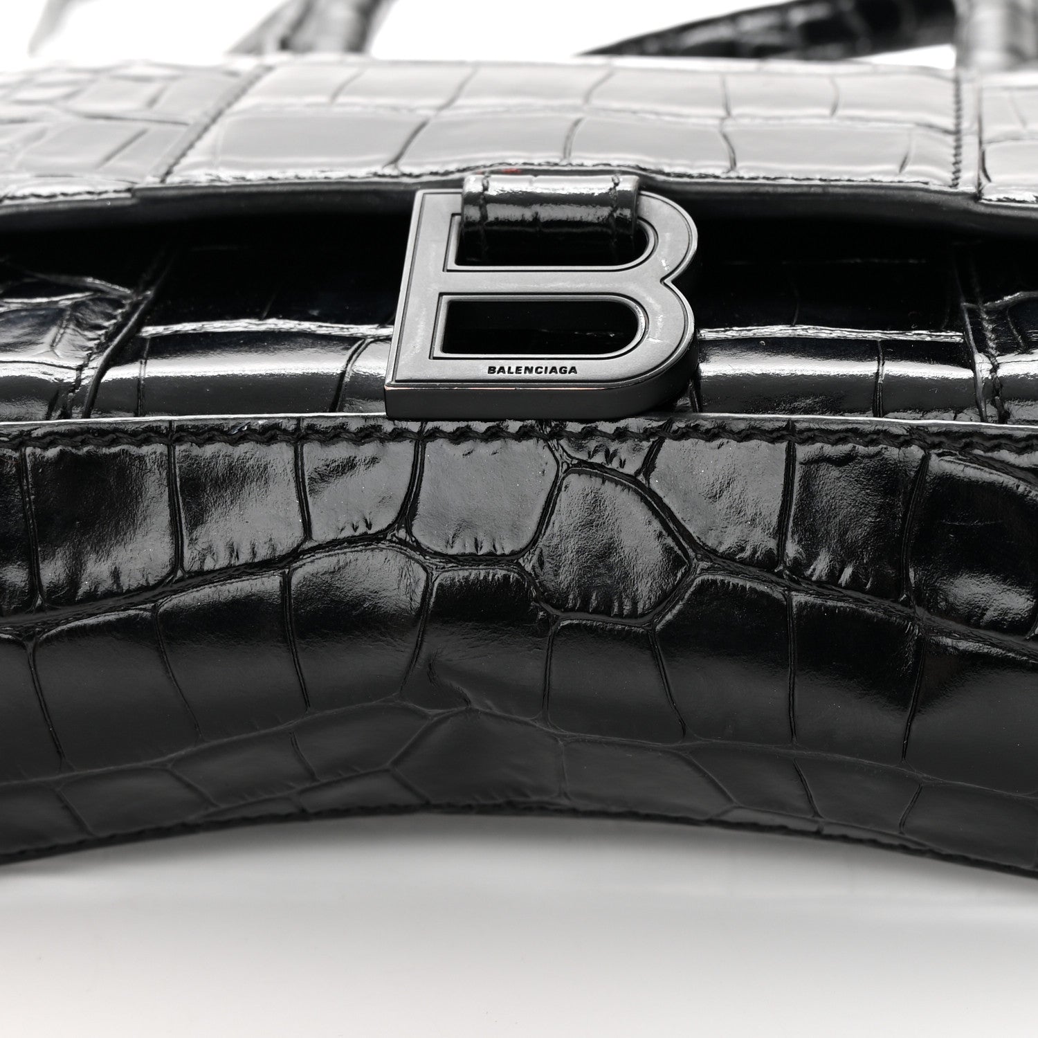 Balenciaga Shiny Calfskin Monochrome Crocodile Embossed Hourglass Top Handle Bag XS Black 18 of 25
