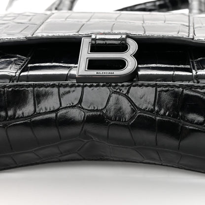 Balenciaga Shiny Calfskin Monochrome Crocodile Embossed Hourglass Top Handle Bag XS Black 18 of 25
