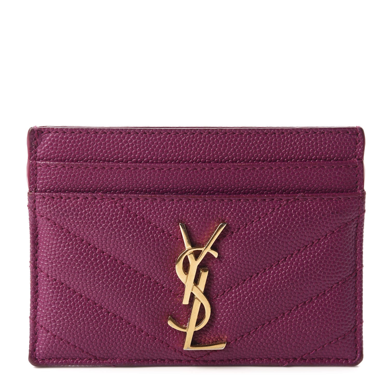 Saint Laurent Grain De Poudre Matelasse Chevron Monogram Credit Card Case Dark Grape 1 of 10