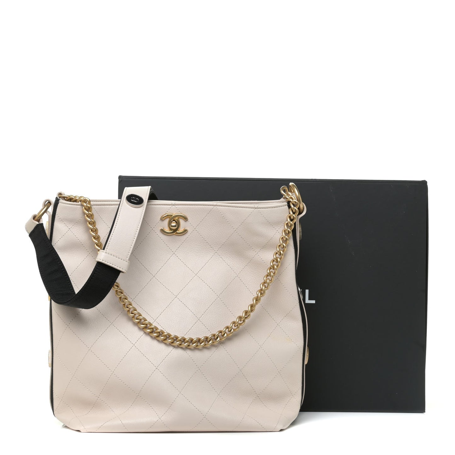 Calfskin Stitched Large Button Up Hobo Ivory Black
