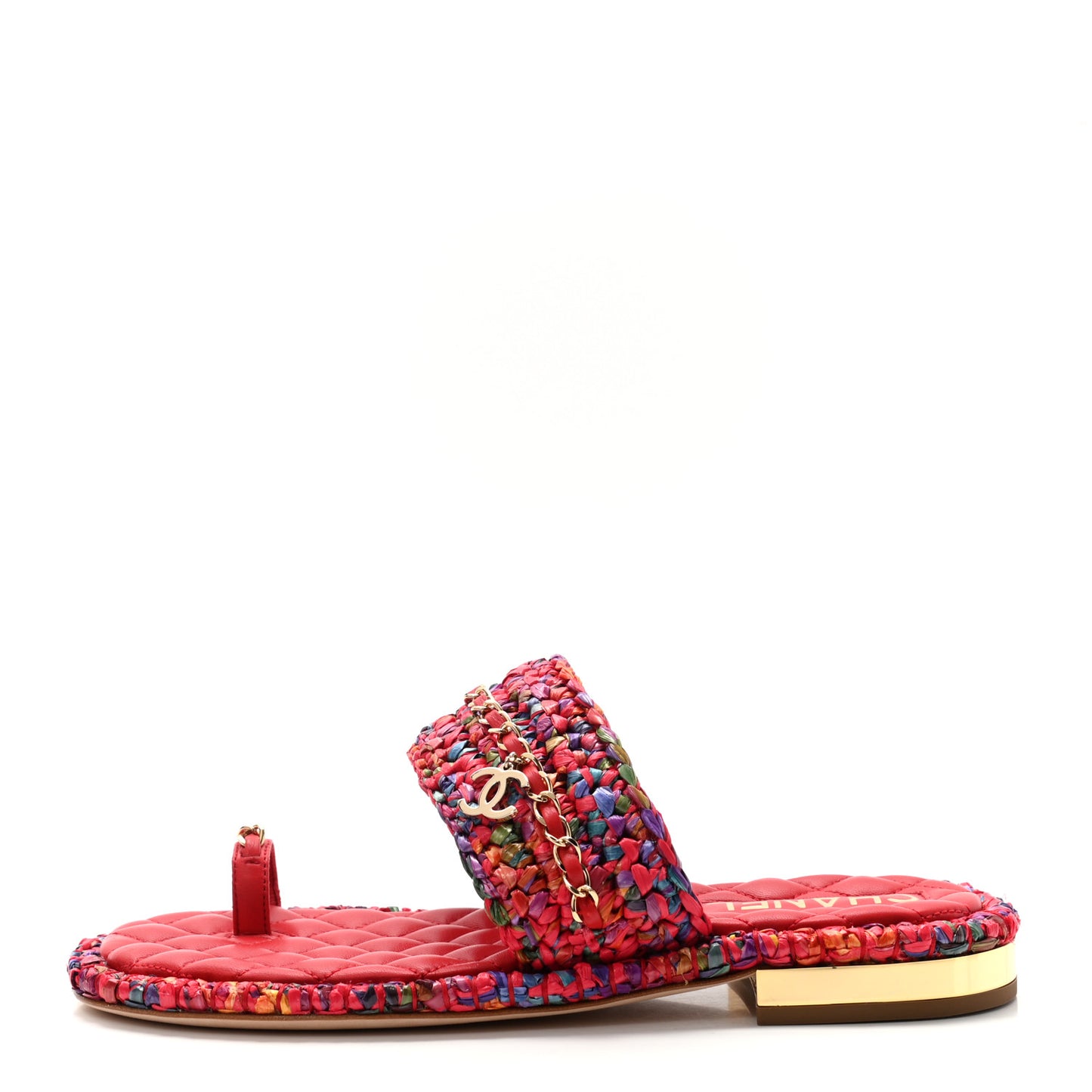 Raffia Lambskin Woven Chain CC Toe Ring Sandals 38.5 Red Multicolor