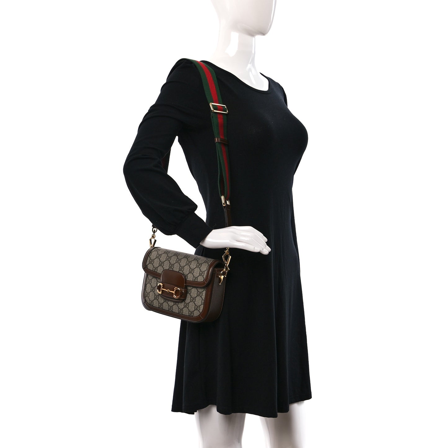 GG Supreme Monogram Azalea Calfskin Web Mini Horsebit 1955 Shoulder Bag Beige Ebony Brown Sugar