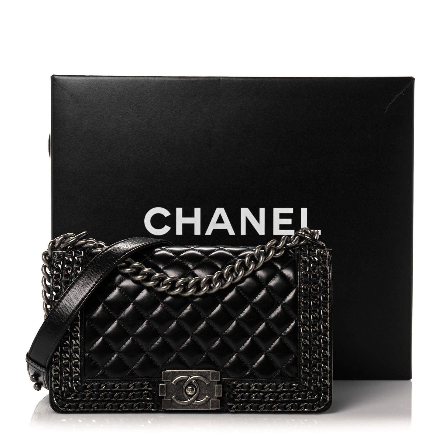 Glazed Calfskin Quilted Medium Boy Chained Flap Black
