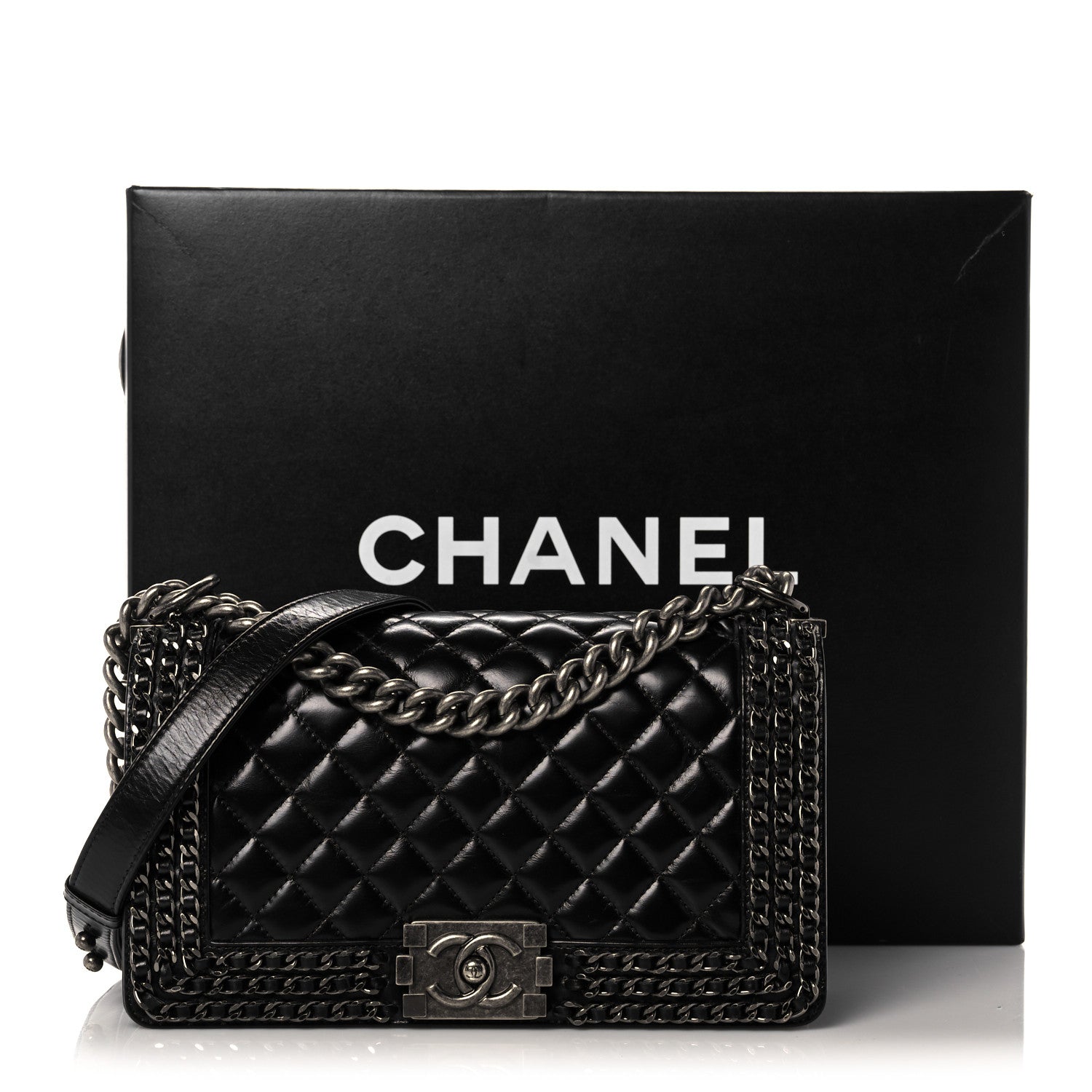 Chanel Glazed Calfskin Quilted Medium Boy Chained Flap Black 11 of 11