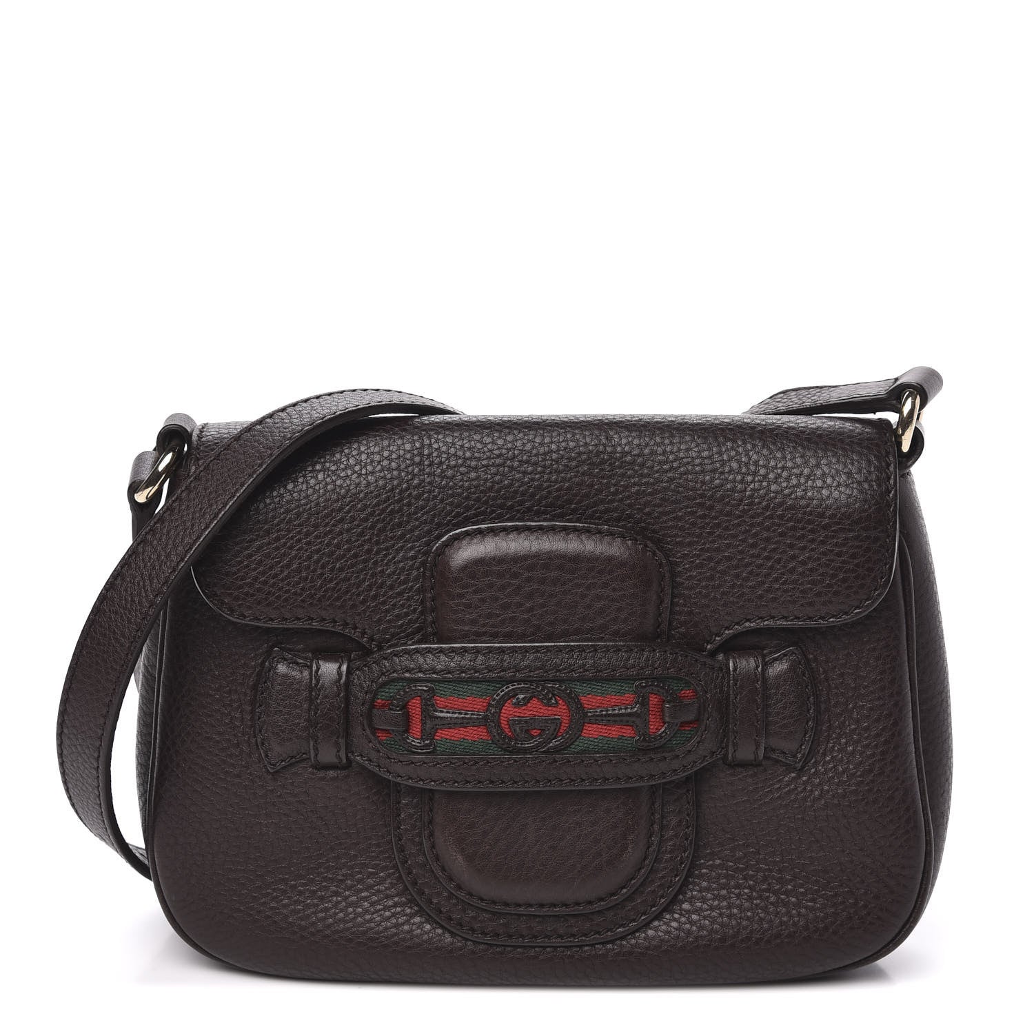 Gucci Pebbled Calfskin Web Small Dressage Shoulder Bag Dark Brown 1 of 10