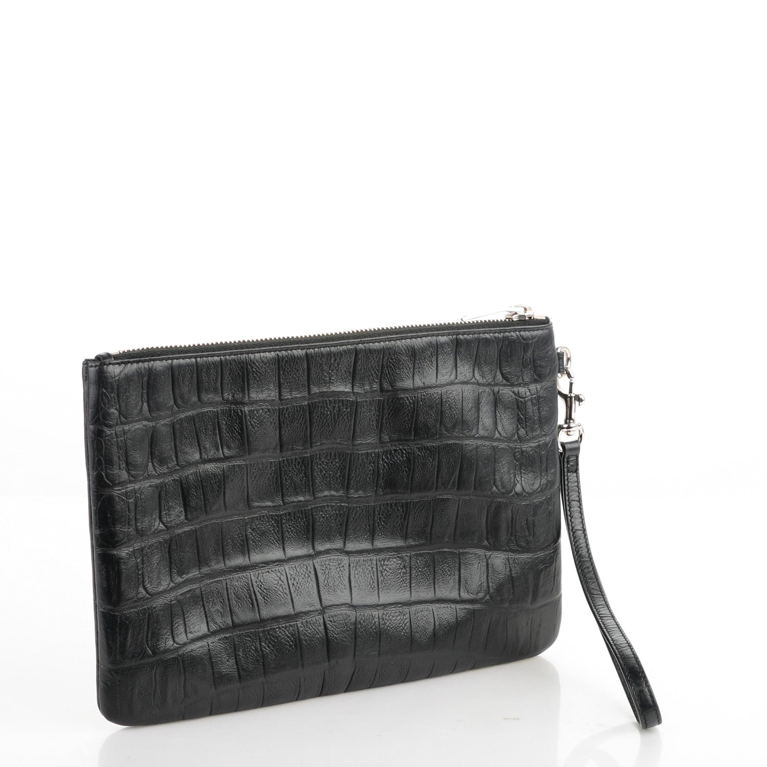Saint Laurent Calfskin Crocodile Embossed Monogram Zip Pouch Black 3 of 7