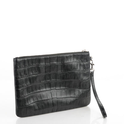 Saint Laurent Calfskin Crocodile Embossed Monogram Zip Pouch Black 3 of 7