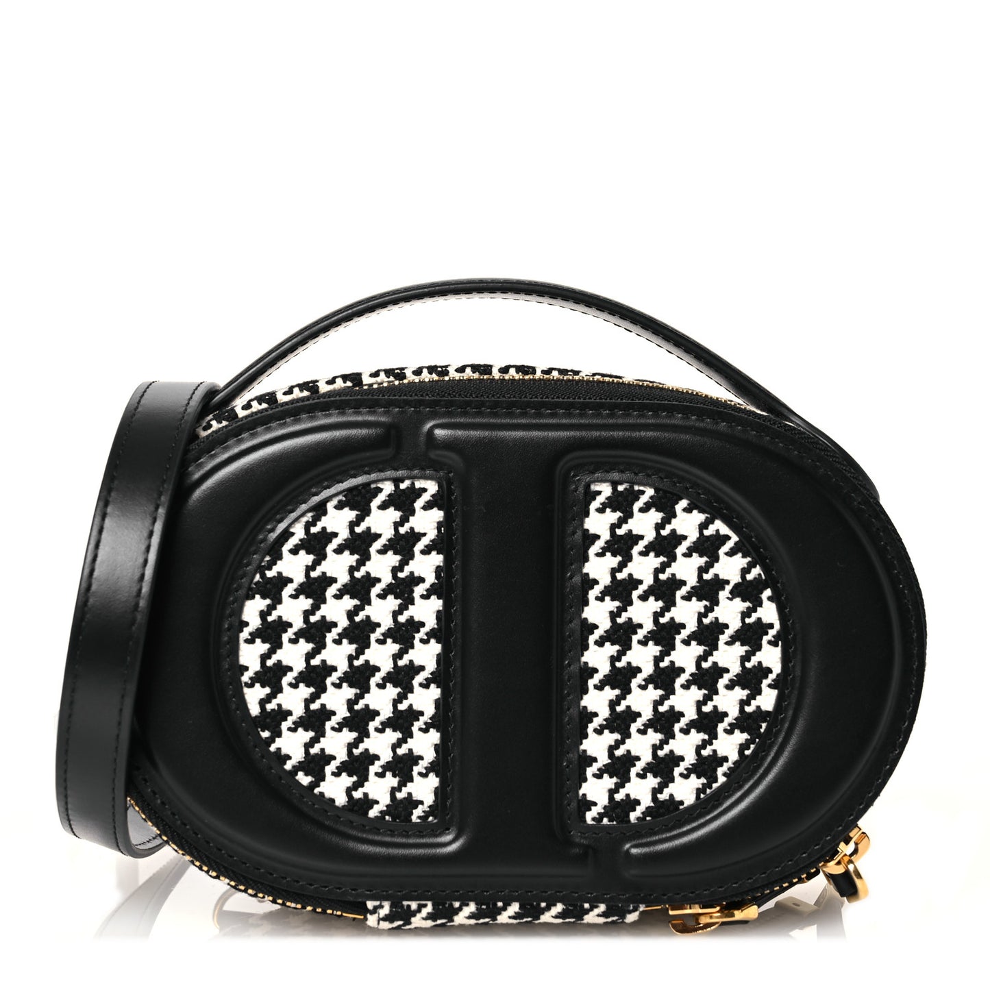 Calfskin Canvas Houndstooth Embroidered CD Signature Oval Crossbody Camera Bag Black White