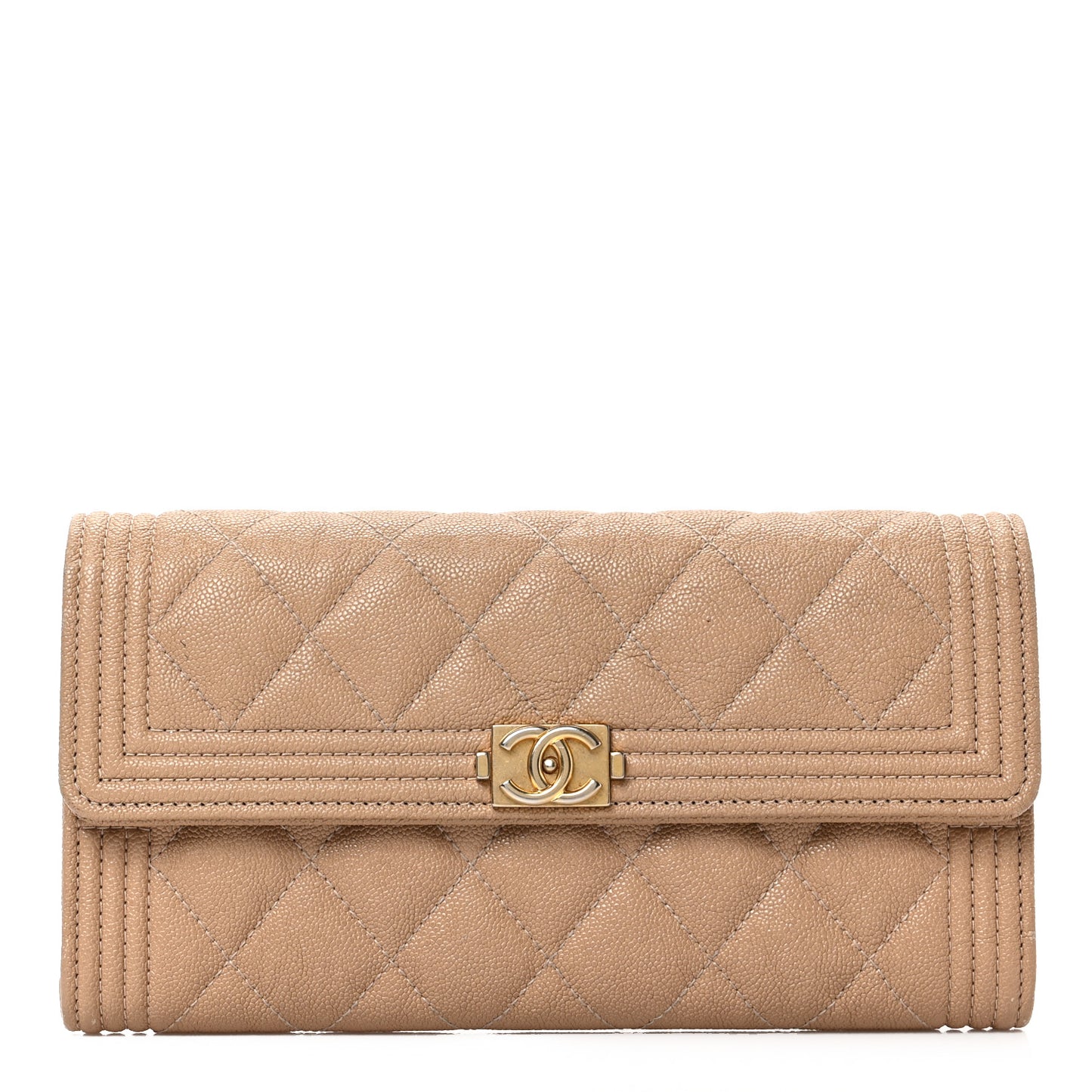 Caviar Quilted Large Boy Gusset Flap Wallet Beige