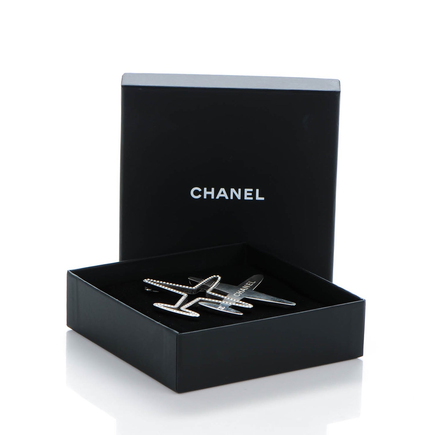 Crystal Metal CC Airplane Brooch Silver