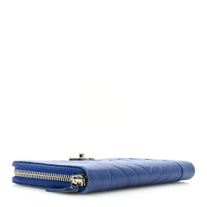 Chanel Caviar Chevron Quilted Mademoiselle Vintage Zip Around Wallet Blue 4 of 10