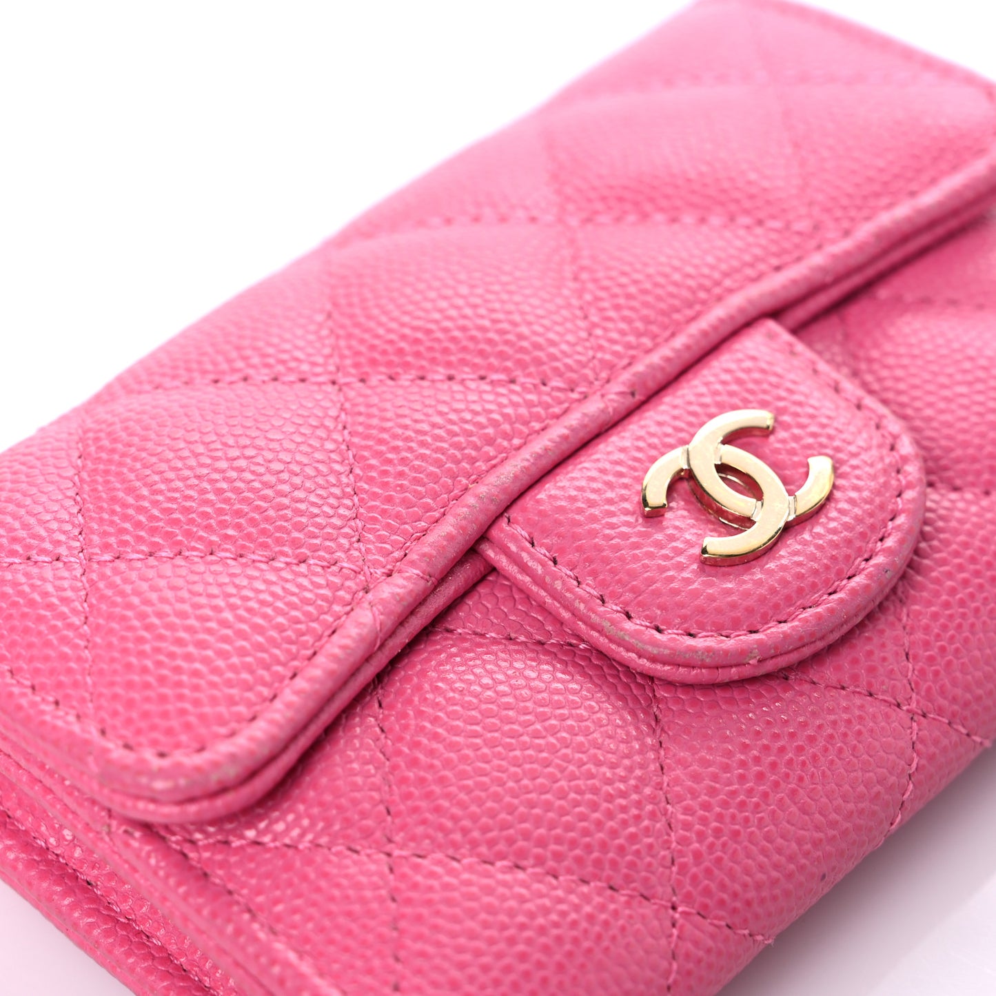Caviar Quilted Flap Card Holder Wallet Pink
