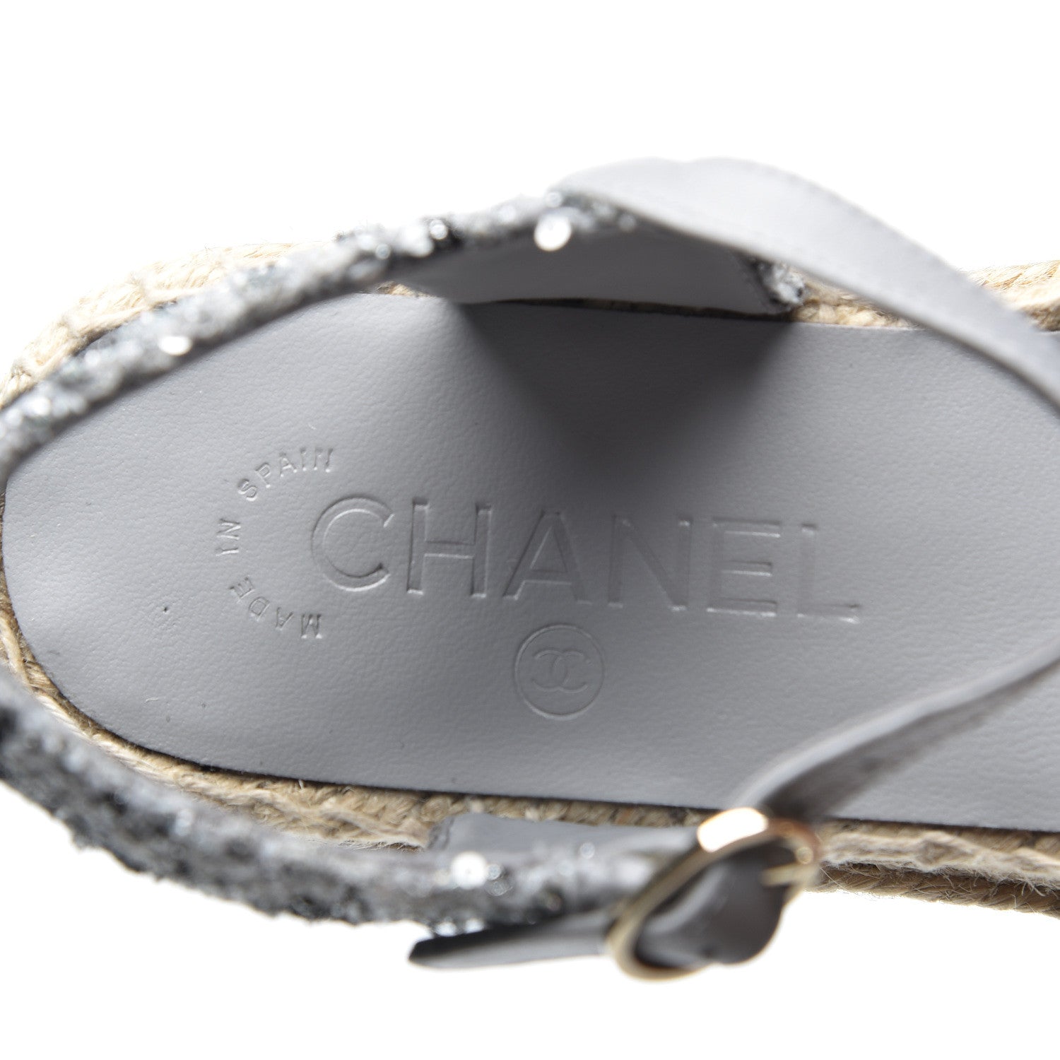 Chanel Sequin Tweed Glazed Calfskin Patent Cap Toe CC Espadrille Sandals 37 Black Grey 8 of 10
