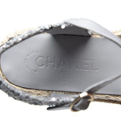 Chanel Sequin Tweed Glazed Calfskin Patent Cap Toe CC Espadrille Sandals 37 Black Grey 8 of 10