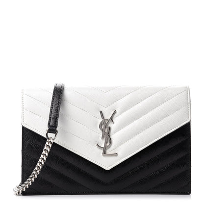 Saint Laurent Grain De Poudre Matelasse Chevron Monogram Envelope Chain Wallet Pearl White Black 1 of 10