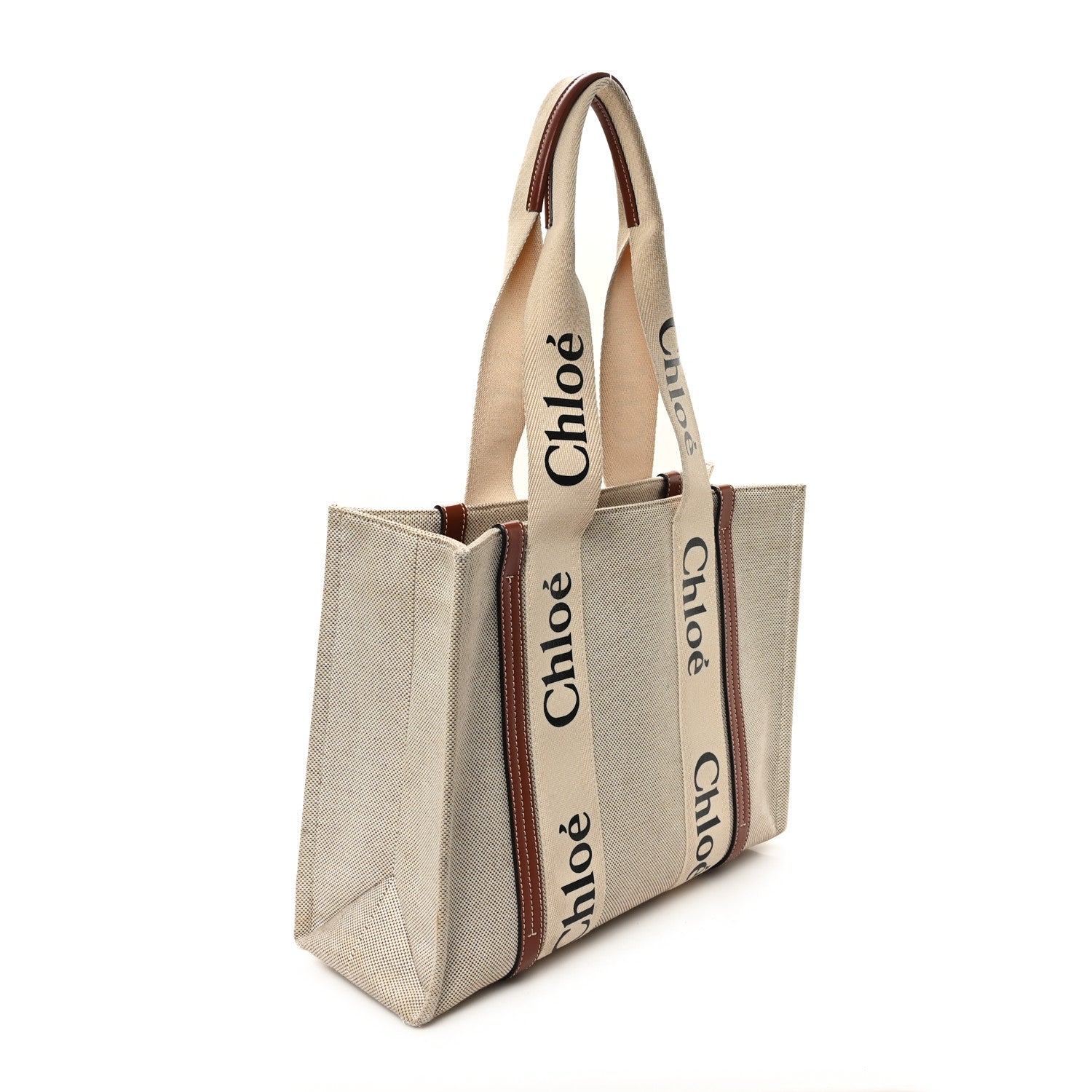 Chloe Linen Calfskin Medium Woody Ribbon Tote White Brown 3 of 14