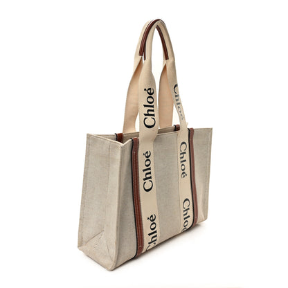 Chloe Linen Calfskin Medium Woody Ribbon Tote White Brown 3 of 14