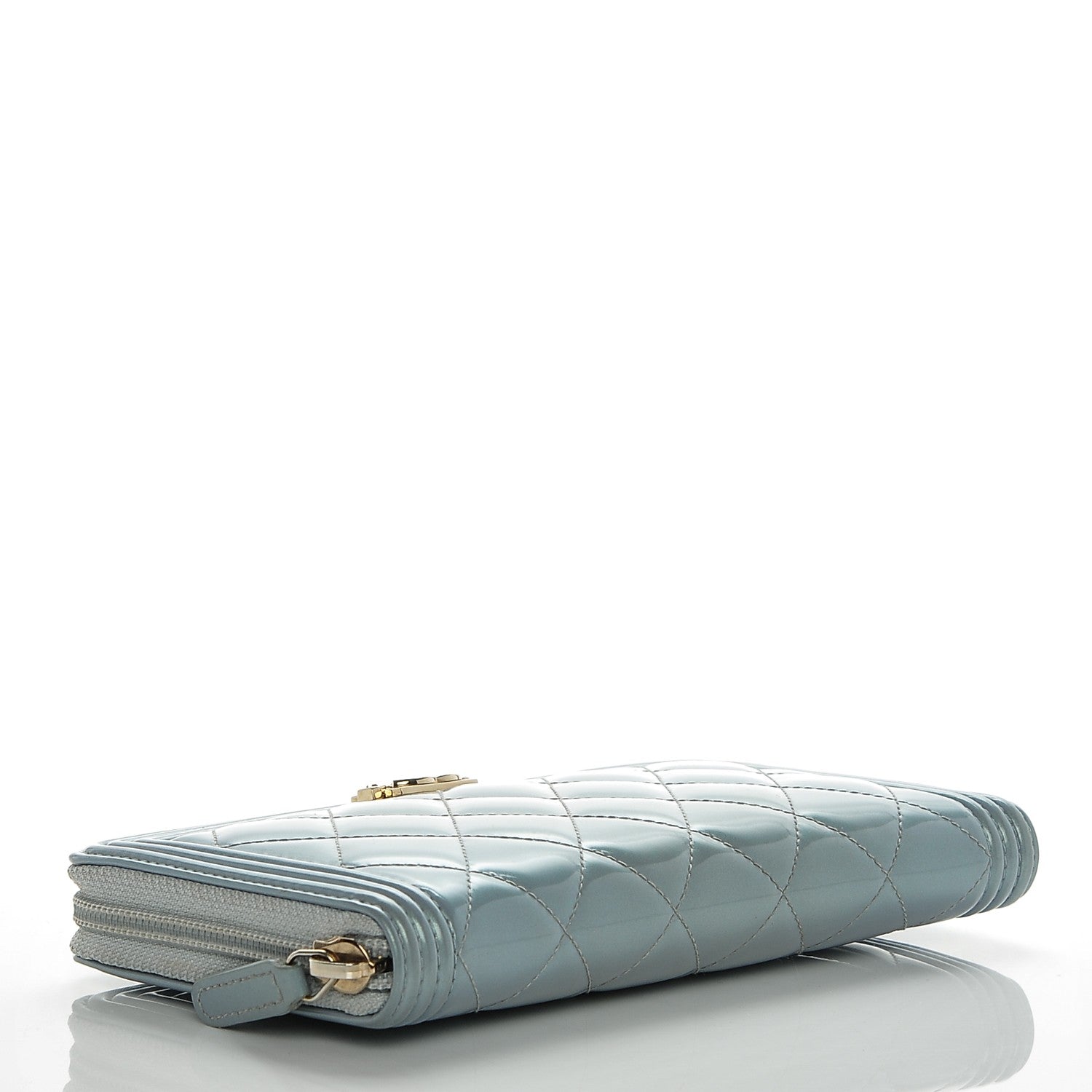 Chanel Metallic Patent Quilted Boy Zip Around Wallet Light Blue 4 of 9