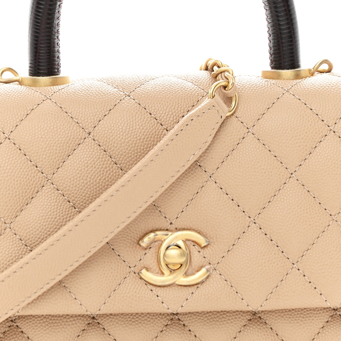 Caviar Lizard Embossed Quilted Mini Coco Handle Flap Beige