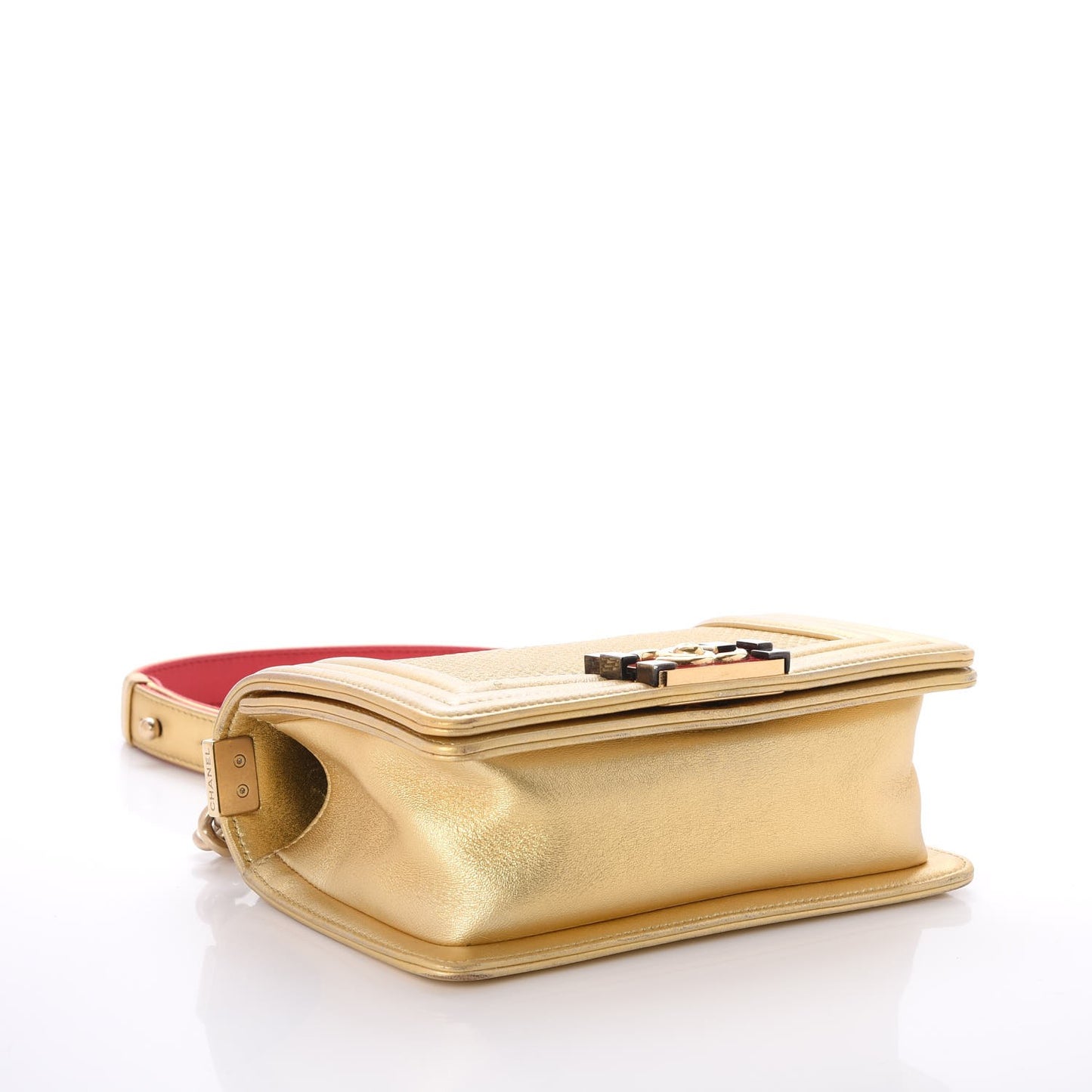 Metallic Lambskin Embossed Small Cube Boy Flap Gold
