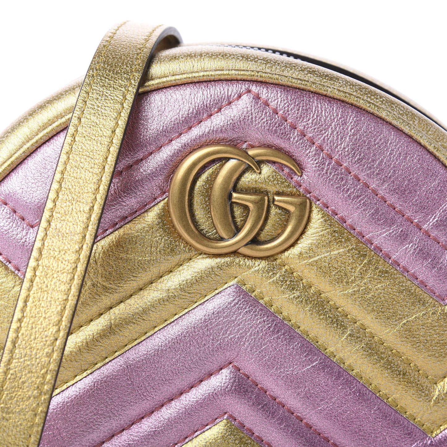 Metallic Calfskin Matelasse Mini GG Marmont Round Shoulder Bag Gold Pink